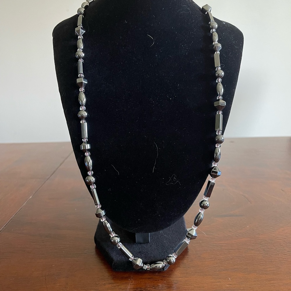 Hematite necklace mid length shiny black various bead shapes no clasp